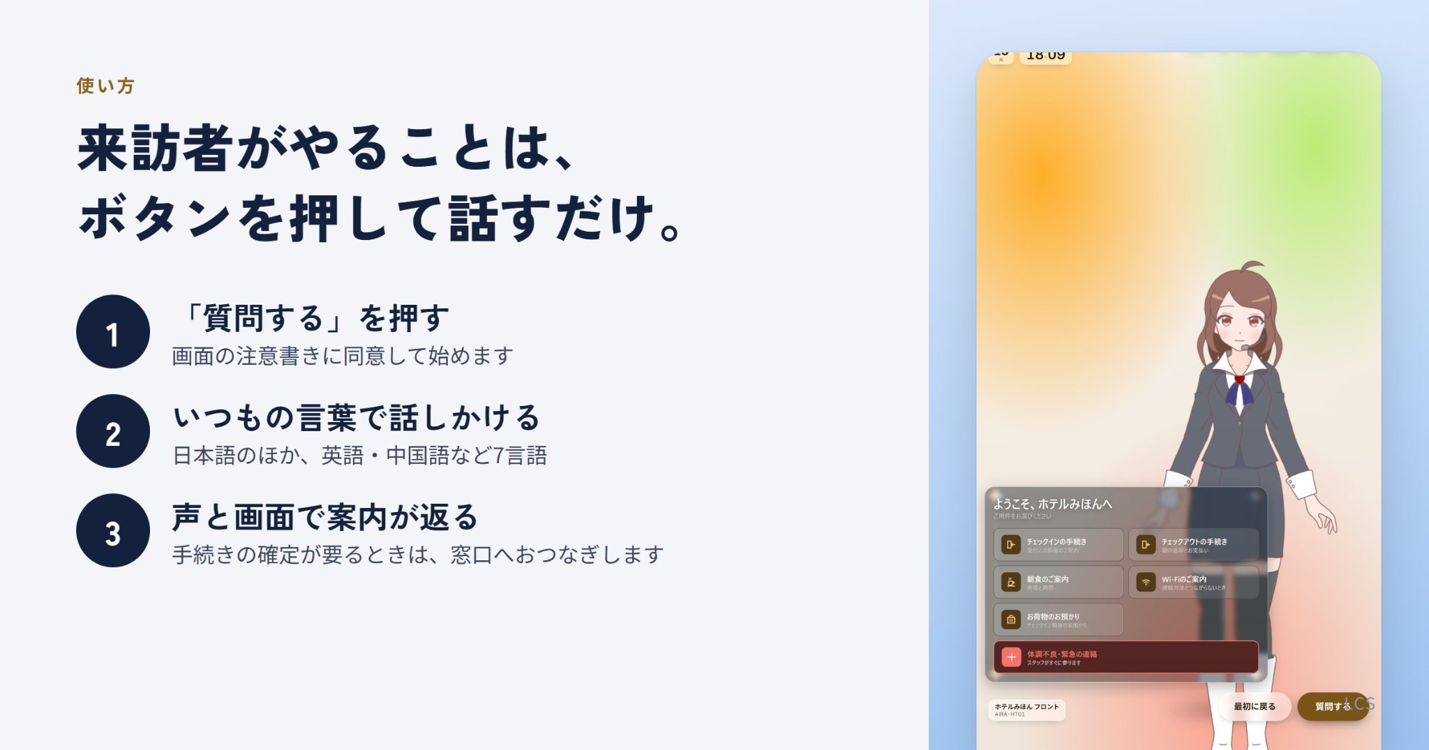 AIRAの使い方:質問するボタンを押す、いつもの言葉で話しかける、声と画面で案内が返る